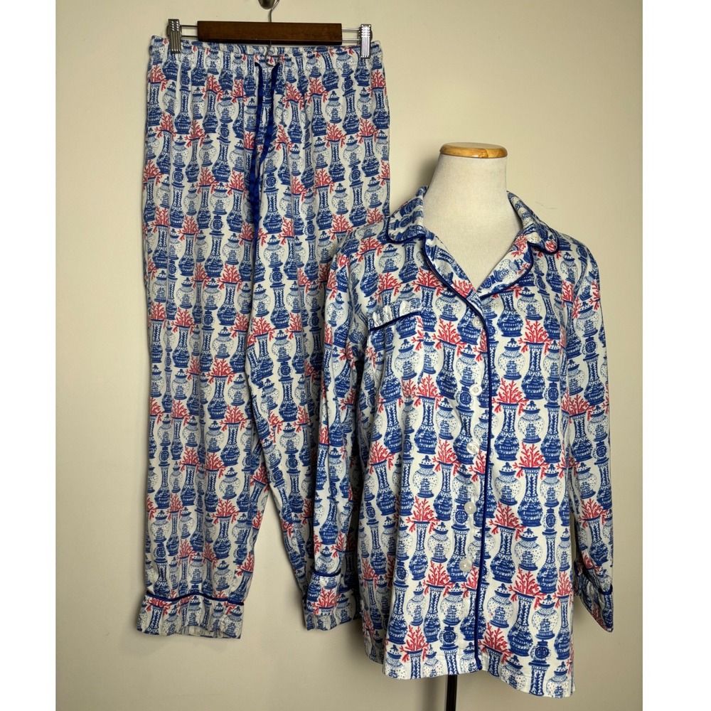 Jayes Studio Womens Classic Cotton Pajama Set XS Blue White Chinoiserie Print